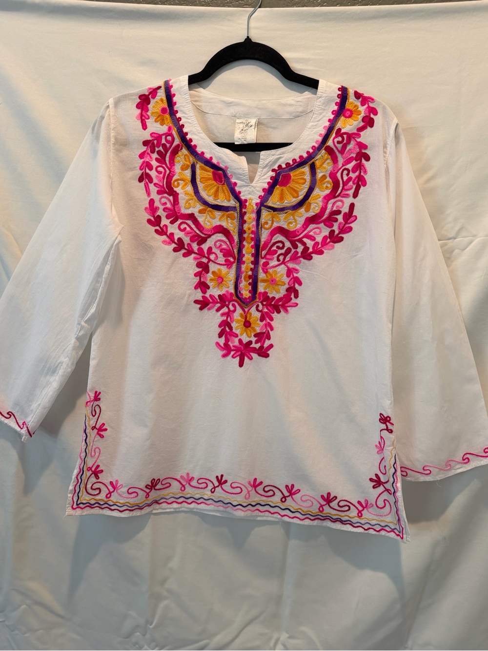 Embroidered White Cotton Tunic Top with Pink & Yellow Accents Size S Boho